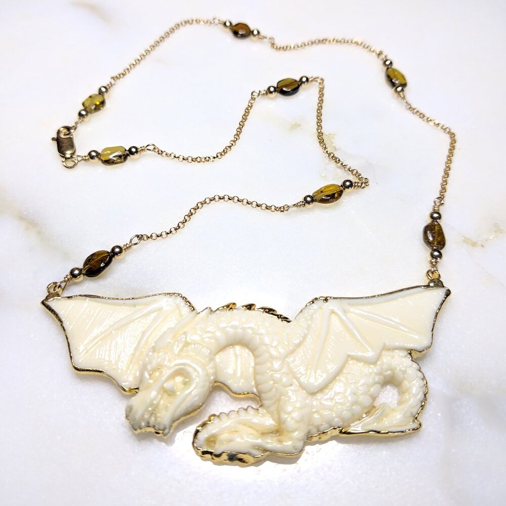 Dragon Pendant Necklace Carved Bone and Petro Tourmaline on 14K GF Rolo Chain